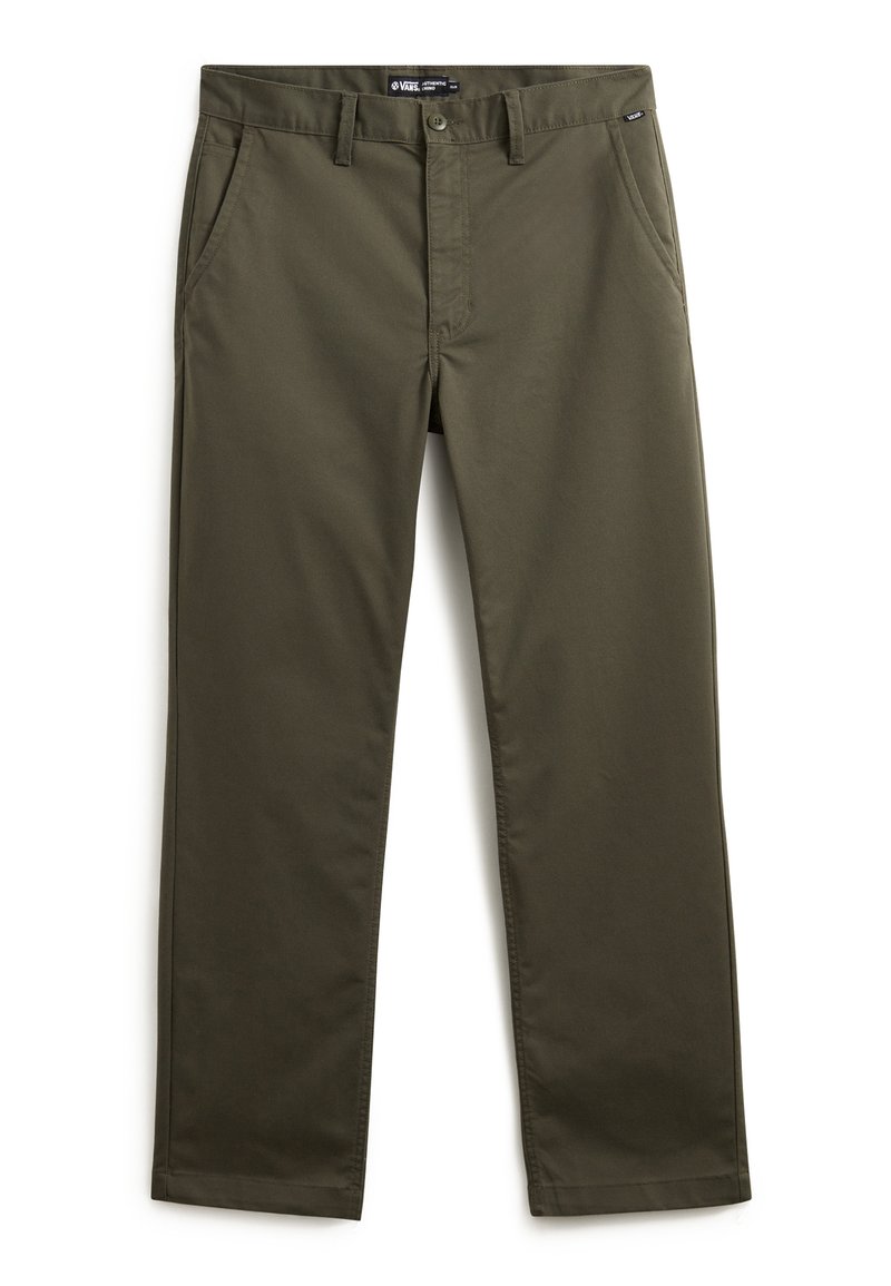 Pantalones caqui de algodón sarga con un diseño de pierna recta, que cuentan con un cierre frontal de botón y dos bolsillos laterales. Textura suave.