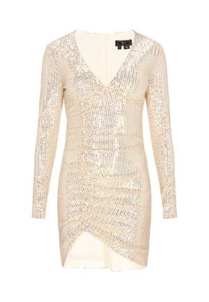Beige bodycon jurk met lange mouwen, voorzien van een V-hals, geplooide textuur en metalen pailletten in een golvend patroon. Achterste rits sluiting.