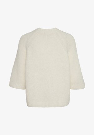 White knitted sweater with a soft texture, featuring a boxy shape, short raglan sleeves, and a crew neckline. Simple and without embellishments.
