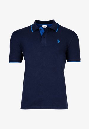 Marineblauw poloshirt met korte mouwen en blauwe biezen op de kraag en mouwen, een twee-knops knoopsluiting en een klein blauw geborduurd logo op de linkerborst.