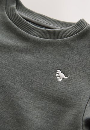 Grøn sweatshirt med en blød, tekstureret overflade, ribbet halsudskæring og en lille hvid dinosaur grafik broderet på brystet.