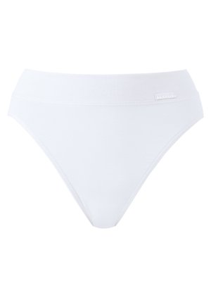 Perizoma bianco in cotone con una larga fascia elastica in vita e una superficie liscia. Presenta un sottile tag con logo sulla fascia.