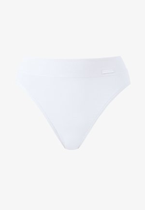 Białe majtki bikini z bawełny z szerokim elastycznym pasem i gładką fakturą. Posiadają subtelną metkę z logo na pasie.