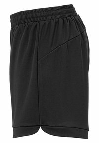 Zwarte sportieve shorts met een elastische tailleband, voorzien van een zijzak en een textiele stof voor ademend vermogen. Middelste bovenbeenlengte.