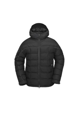 Doudoune noire avec capuche, dotée d'une fermeture éclair à l'avant, d'un design matelassé, de poignets élastiques et de coutures contrastantes le long des épaules.