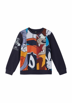 Navyblaues Sweatshirt für Kinder mit langen Ärmeln, das bunte vertikale Panel mit Cartoon-Gesichtern zeigt und ein "Space Jam Legacy"-Logo am linken Ärmel trägt.