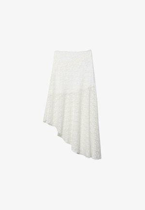 Jupe en dentelle blanche avec un ourlet asymétrique, plus long d'un côté, et une taille ajustée.