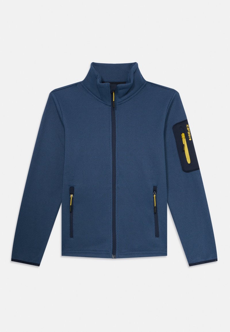 Giacca in pile zip-up blu navy con un motivo testurizzato, colletto alto e due tasche anteriori con zip e dettagli gialli.