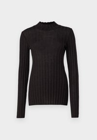 Top lungo a maniche nere a coste con colletto alto. Presenta un materiale testurizzato e una forma aderente, con una leggera elasticità per il comfort.