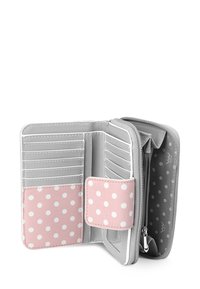 Pink and gray wallet with polka dot pattern, including multiple card slots, a zippered compartment, and a textured exterior.