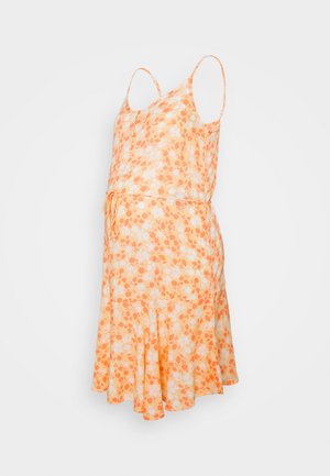 Floral maternity dress in orange tones, lightweight fabric, sleeveless design, tie-belt at waist, flared hem with subtle ruffle detail.