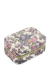 Rectangular cosmetic case with a floral design in pink, blue, and green on a cream background; features a gold zipper and textured fabric.