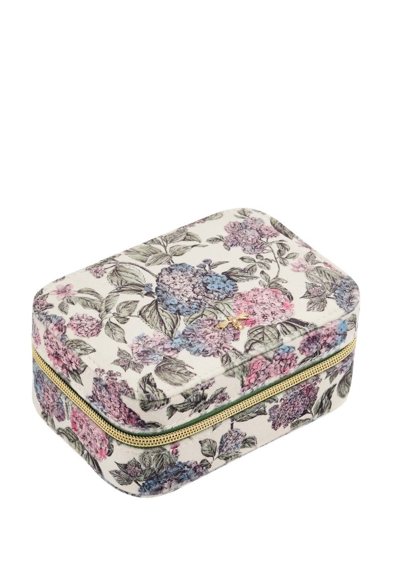 Rectangular cosmetic case with a floral design in pink, blue, and green on a cream background; features a gold zipper and textured fabric.