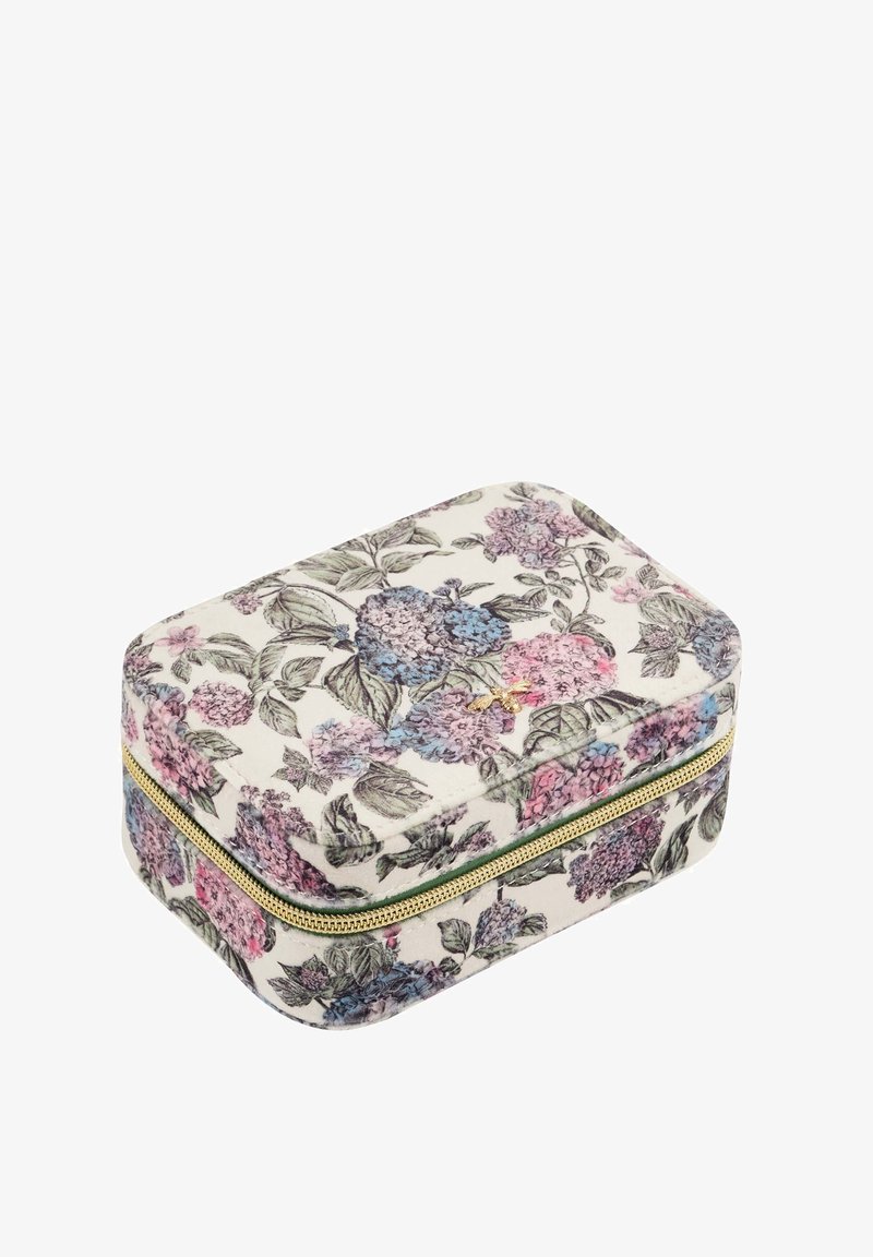 Rectangular cosmetic case with a floral design in pink, blue, and green on a cream background; features a gold zipper and textured fabric.