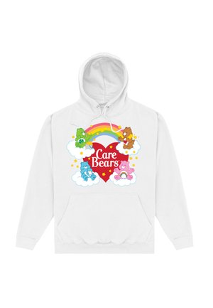 Biała bluza z kapturem z kolorową grafiką "Care Bears" przedstawiającą serce, tęczę i chmury. Rysunki czterech misiów w różnych kolorach z akcentami.