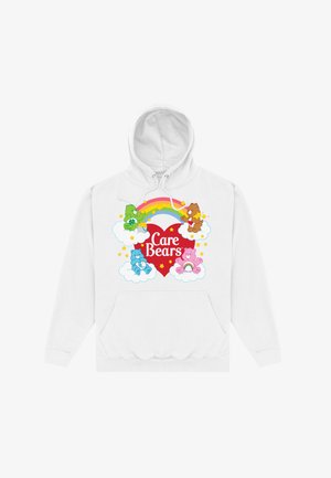 Hvid hættetrøje med farverig "Care Bears" grafik, der inkluderer et hjerte, en regnbue og skyer. Tegninger af fire bjørne i forskellige farver med detaljer.