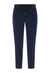 Marineblaue Hose mit Kordelzugbund, verjüngten Beinen und glatter Stoffstruktur. Verfügt über Vordertaschen und ein lässiges Design.