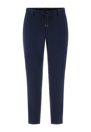 Marineblauwe broek met een tailleband met trekkoord, taps toelopende pijpen en een gladde textuur van de stof. Voorzien van steekzakken aan de voorkant en een casual ontwerp.