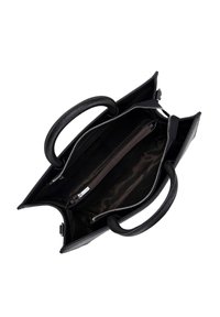 Borsa a mano in pelle nera con due manici rotondi, chiusura con zip e una tasca interna. Texture liscia con un design spazioso e fodera neutra.