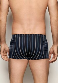 Mužova dolní  část zad a nohy oblečené v tmavě modrých boxerkách s vertikálními červenými a bílými pruhy, stojící na jednobarevném pozadí.