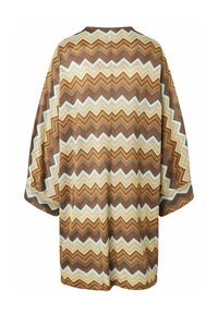 Weit geschnittener gestrickter Cardigan mit Zickzackmuster in Braun-, Beige- und Hellblautönen, von hinten gezeigt.