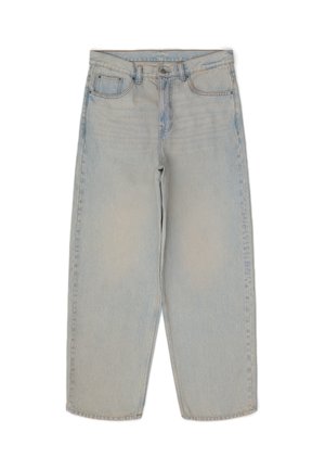 Hellblaue Jeans aus Denim mit lässigem Schnitt, hoher Taille, Fronttaschen und sichtbaren Nähten. Gerades Bein Design ohne Verzierungen.