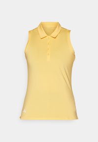 Polo sans manches jaune pastel, avec un col classique, une patte de boutonnage à cinq boutons et un petit logo blanc à l'ourlet. Texture lisse.