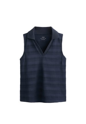 Tengerészkék ujjatlan polo felső, V-kivágással, vízszintes csíkokkal és texturált anyaggal. Megerősített varrások az oldalak mentén.