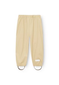 Beige waterdichte broek met een elastische tailleband en gathered manchetten. Beschikbaar met lussen bij de enkels en een klein merklabel op het been.