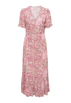 Rózsaszín virágmintás midi ruha V-nyakkivágással, rövid puffos ujjakkal, húzott derékkal és fodros alsó résszel.