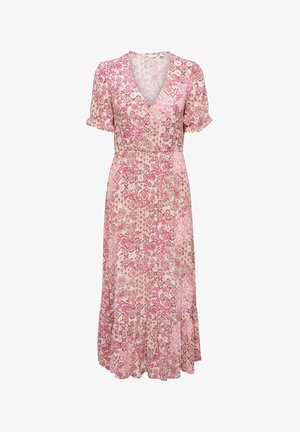 Robe midi rose fleurie avec col en V, manches courtes bouffantes, taille froncée et ourlet volanté.