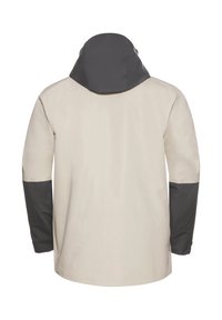 Hellbeige Jacke mit dunkelgrauen Akzenten an den Ärmeln und der Kapuze. Glattes, wasserabweisendes Material mit lockerer Passform und hohem Kragen.