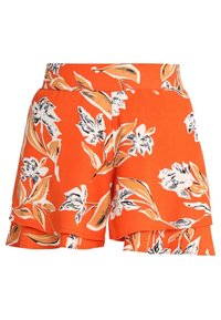 Pomarańczowe szorty w kwiaty z falbanką na dole, zdobione białymi i czarnymi wzorami kwiatowymi. Wykonane z lekkiego materiału. Elastyczny pas.