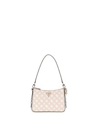 Sac à main beige avec logo estampé, fermeture éclair et bandoulière réglable. Surface texturée avec des accents argentés et de la marque.