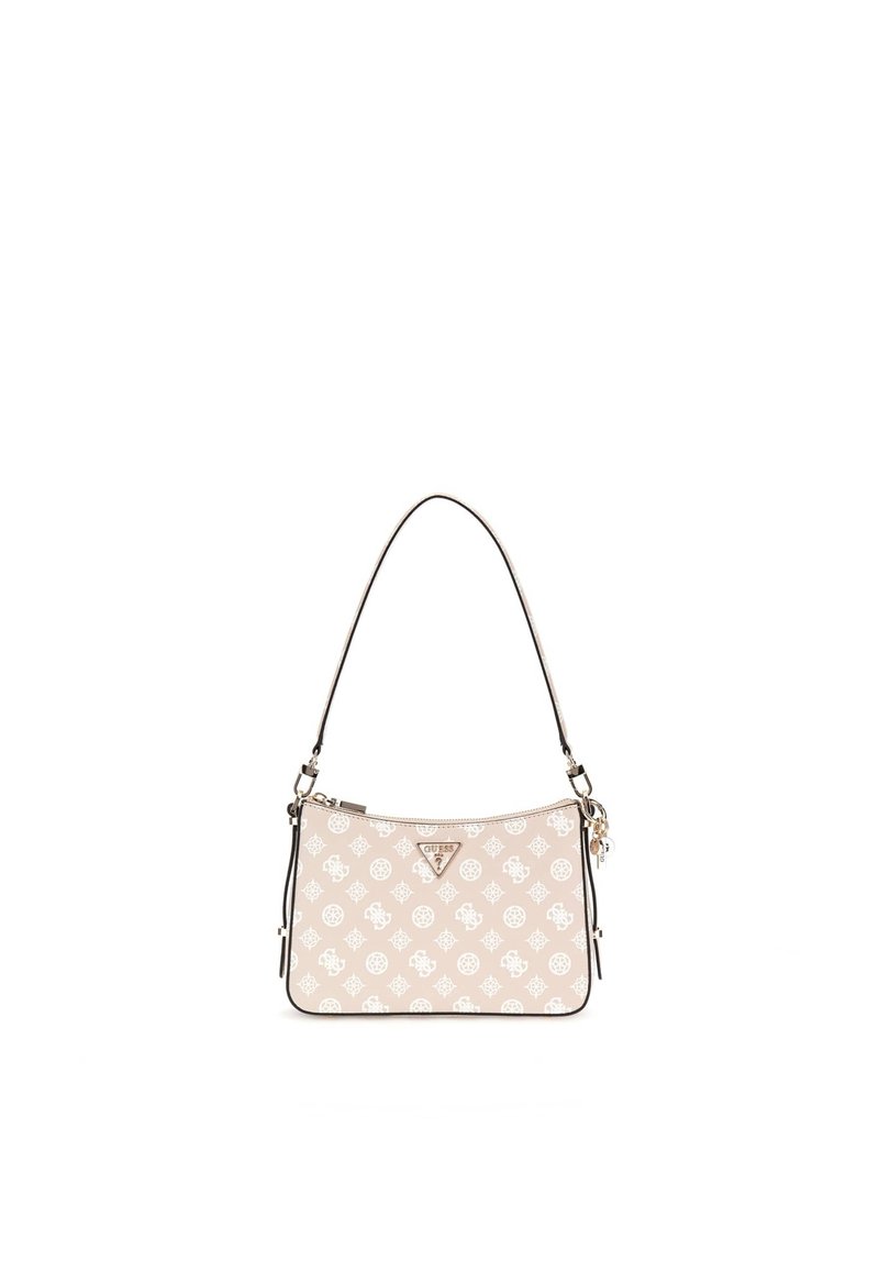 Sac à main beige avec logo estampé, fermeture éclair et bandoulière réglable. Surface texturée avec des accents argentés et de la marque.