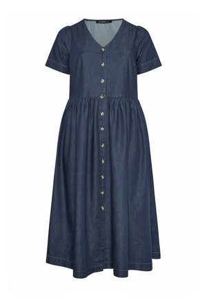 Mørkeblå denim kjole i midi-længde med korte ærmer, V-udskæring, taljemarkering og knaplukning foran.