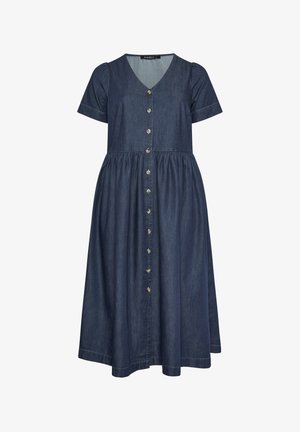 Mørkeblå denim kjole i midi-længde med korte ærmer, V-udskæring, taljemarkering og knaplukning foran.