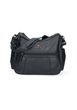Sac à épaule en cuir noir texturé avec un logo doré, une sangle ajustable et deux poches zippées à l'avant et sur le côté.