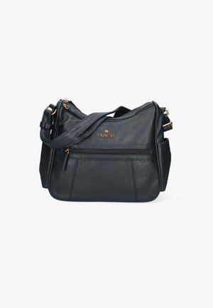 Borsa a spalla in pelle nera con texture, logo dorato, tracolla regolabile e due tasche con zip sul fronte e sul lato.