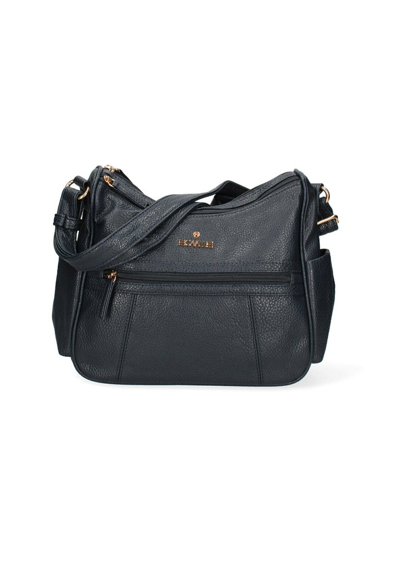 Borsa a spalla in pelle nera con texture, logo dorato, tracolla regolabile e due tasche con zip sul fronte e sul lato.
