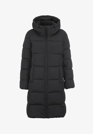 Schwarze Pufferjacke mit Kapuze, lang geschnitten, mit gestepptem Design, Front-Reißverschluss und zwei Seitentaschen.