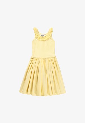 Vestido de algodón amarillo con escote con volantes, diseño sin mangas y falda plisada. Presenta un cuerpo ajustado y una cintura natural.