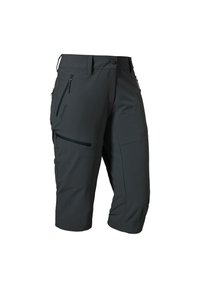 Bermudas de hombre en gris oscuro para actividades al aire libre, fabricadas con material ligero, que cuentan con dos bolsillos con cremallera y un cierre de botón en la cintura.
