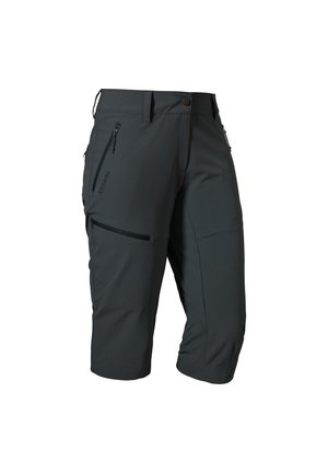 Herren Outdoor-Shorts in Dunkelgrau aus leichtem Material, mit zwei Reißverschlusstaschen und einem Knopfverschluss an der Taille.