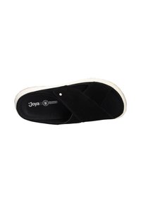 Sandali in suede nero a fascia incrociata, con suola in gomma bianca e plantare sagomato. Presenta un piccolo logo sulla soletta.