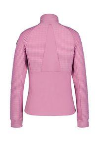 Giacca rosa chiaro con texture a costine sulla parte superiore della schiena e sulle maniche, colletto alto e design aderente. Nessuna ferramenta o accenti visibili.