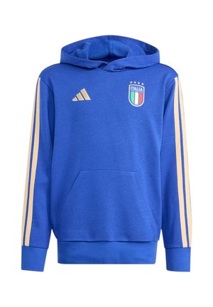 Felpa con cappuccio blu con strisce beige sulle maniche, stemma della squadra di calcio italiana e logo dorato Adidas sul davanti.