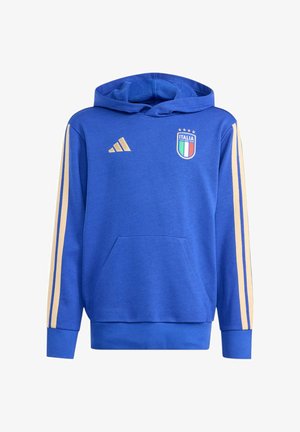 Blauwe capuchonsweater met beige strepen op de mouwen, het logo van het Italiaanse voetbalteam en een gouden Adidas-logo op de voorkant.