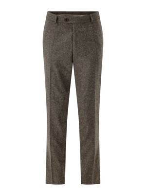 Brown wool blend tailored trousers with button closure and front pockets, displayed on a white background.