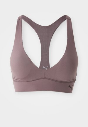 Sutien sport de culoare violet deschis, cu decolteu adânc în V și design racerback. Fabricat dintr-un material neted, cu un mic logo pe lateral.
